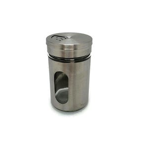 May include: A stainless steel spice shaker with a clear glass window to view the contents. The shaker has a twist-top lid with holes for dispensing spices.