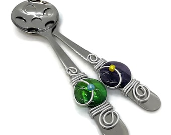 Beaded Salad Server Set: Wire Wrapped Stainless Steel Spoons