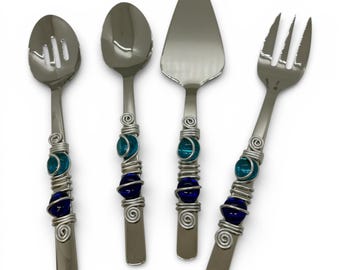 4 Piece Serving Utensils, Stainless Steel Wire Wrapped, Beaded Handles, Hostess Set