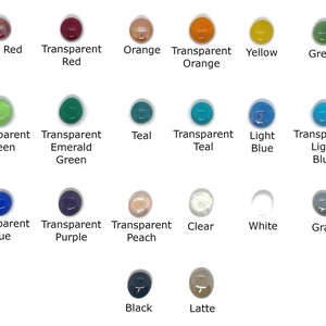 May include: A collection of 16 glass beads in various colors, including brick red, transparent red, orange, transparent orange, yellow, green, transparent green, transparent emerald green, teal, transparent teal, light blue, transparent light blue, transparent blue, transparent purple, transparent peach, clear, white, gray, black, and latte.