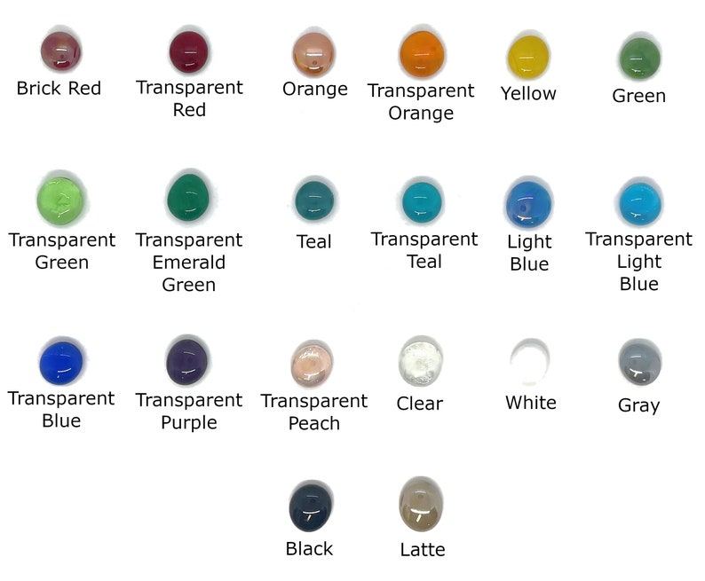 May include: A collection of 16 glass beads in various colors, including brick red, transparent red, orange, transparent orange, yellow, green, transparent green, transparent emerald green, teal, transparent teal, light blue, transparent light blue, transparent blue, transparent purple, transparent peach, clear, white, gray, black, and latte.
