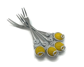 Wire Wrapped Cocktail Forks: Marble Cabochon Appetizer Set