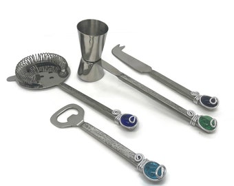 Wire Wrapped Stainless Steel Bar Set: Bartender Kit with Glass Cabochon