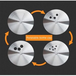 May include: Four silver bottle caps with different sized holes for dispensing spices. The caps are shown rotating to demonstrate the different dispensing options. The text "Rotatable bottle cap" is printed below the caps.