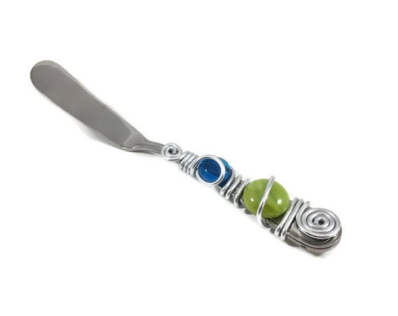 Cheese Spreader With 2 Marbles, Beaded Silverware, Wire Wrapped