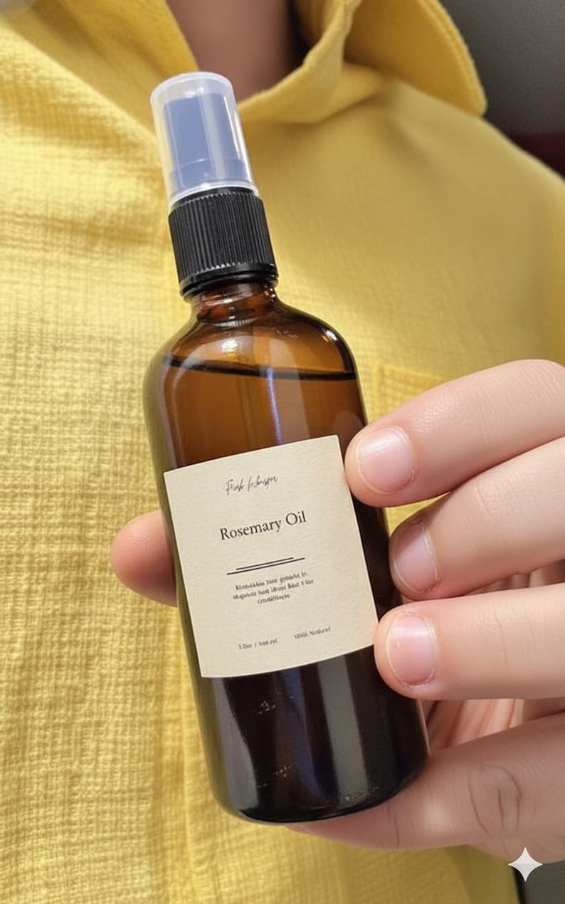 May include: A brown glass bottle of Rosemary Oil with a black and clear spray top. The label reads "Rosemary Oil" with additional text. The bottle is held in a person's hand against a yellow background.