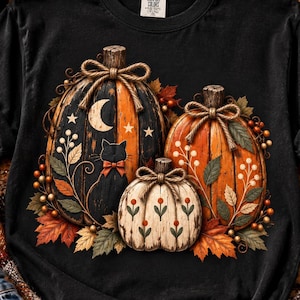 May include: A black t-shirt featuring a graphic of three pumpkins with twine bows. The largest pumpkin is black with a crescent moon, stars, and a black cat silhouette. The other pumpkins are orange and white with floral accents and autumn leaves.