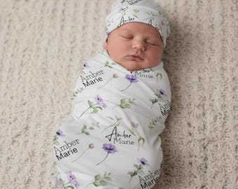 Manta de muselina personalizada con estampado de lavanda y flores silvestres, muselina personalizada para bebé niña, conjunto para recién nacida para la salida del hospital, regalo para baby shower, muselina para el hospital.
