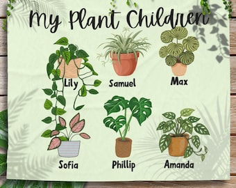 Spersonalizowany koc dla mamy roślin, koc dla dzieci roślin, spersonalizowany prezent dla miłośnika roślin, pled dla miłośnika roślin doniczkowych, koc botaniczny z imionami