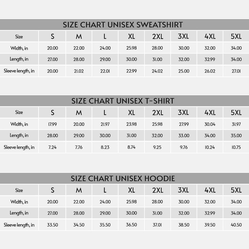 Puede incluir: Tablas de tallas para sudaderas, camisetas y sudaderas con capucha unisex. Las tablas muestran medidas en cm de ancho, largo y largo de manga en tallas S a 5XL. Fondo gris claro.
