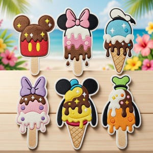 May include: Embroidered patches featuring Disney characters as ice cream treats. Mickey Mouse, Minnie Mouse, Donald Duck, and Goofy are represented in colorful designs with dripping chocolate and ice cream cone details. The patches are on a wooden surface with a beach background.
