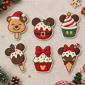 May include: Six embroidered patches featuring holiday-themed designs including a bear in a Santa hat, a Mickey-shaped ornament, a cupcake, a chocolate treat, a cupcake with a large red bow, and an ice cream cone with a candy cane.