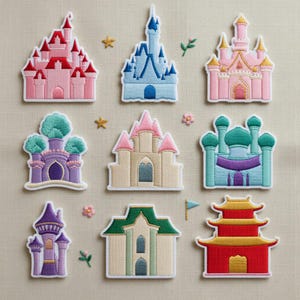 May include: A collection of nine embroidered fabric patches featuring various castle designs in colors including pink, blue, purple, green, red, and gold. The set includes small decorative star and flower accents scattered between the castle shapes.