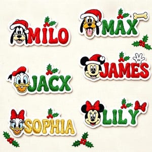 May include: Six embroidered patches featuring Disney characters wearing Christmas hats, including Goofy, Pluto, Donald Duck, Mickey Mouse, Daisy Duck, and Minnie Mouse. Each patch displays a name in red, green, or yellow thread with holly accents.