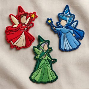 Parche bordado de La Bella Durmiente y las 3 Hadas Buenas, Fauna Flora Merryweather termoadhesivo, Maléfica Dragón Rosa Azul Verde Hada, Regalo para fan