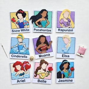 Polaroid Disney Princess Embroidered Patch, Cinderella Elsa Snow White Aurora Jasmine Rapunzel Ariel Moana Belle Iron On Hats, Gift For Fans