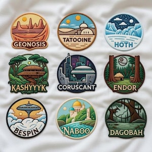 May include: Nine round embroidered patches featuring landscapes from a science fiction universe. Each patch has a different scene, including Geonosis, Tatooine, Hoth, Kashyyyk, Coruscant, Endor, Bespin, Naboo, and Dagobah. The patches are colorful and detailed.