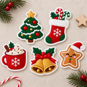May include: Five embroidered Christmas patches featuring a green tree with red and yellow ornaments, a red stocking with candy canes, a red mug of cocoa with whipped cream, two gold bells with a red bow, and a smiling gingerbread star.