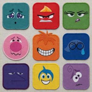 May include: Nine embroidered patches depicting cartoon faces with various emotions. The patches are square or round with rounded corners and are in colours such as teal, red, green, pink, orange, blue, yellow, and purple. Each patch displays a unique facial expression.