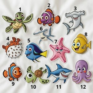 May include: A collection of embroidered patches featuring various sea creatures. The patches include a green sea turtle, a purple and orange clownfish, a hammerhead shark, a pufferfish, a blue fish, a starfish, a yellow fish, a clownfish, a turtle, a shark, and an octopus.