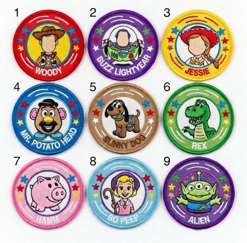 May include: A collection of nine circular embroidered patches featuring characters from the animated film series. Each patch has a character's image and name, including Woody, Buzz Lightyear, Jessie, Mr. Potato Head, Slinky Dog, Rex, Hamm, Bo Peep, and Alien.