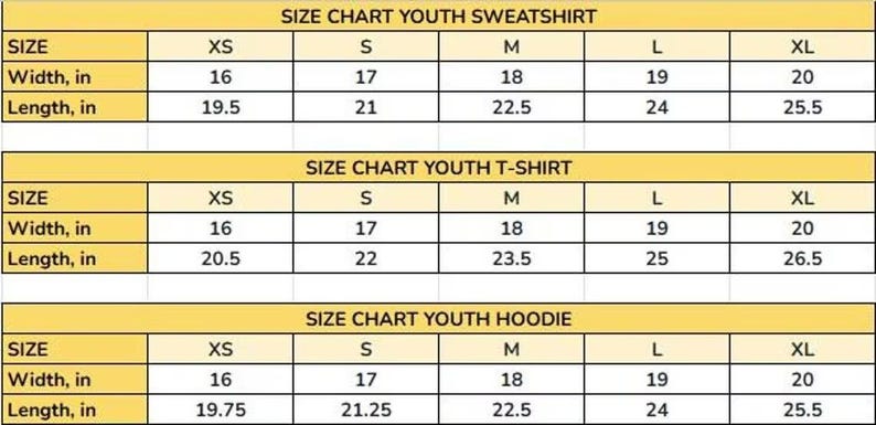 Puede incluir: Una tabla de tallas para sudaderas, camisetas y sudaderas con capucha para j&oacute;venes. La tabla muestra las medidas en pulgadas de ancho y largo para las tallas XS a XL. El texto es negro sobre fondo amarillo.
