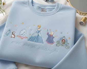 Sudadera bordada de Cenicienta de Disney "Encuéntrame a medianoche", camiseta inspirada en Cenicienta, camiseta mágica de Disney, viaje de chicas de Disney
