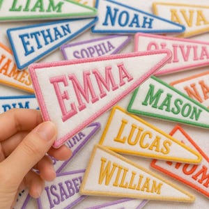 Custom Name Embroidered Pennant Flag Patch, Personalized School Spirit Iron On, Backpack Accessory, Backpack Tag for Kids, School Gift