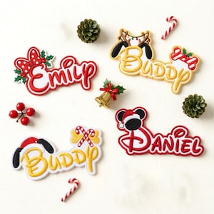 May include: Four embroidered name patches featuring holiday themes. One reads Emily with a red bow, two read Buddy with dog ears and bones, and one reads Daniel with a mouse ear hat. Includes small pinecones, a gold bell, and candy canes.