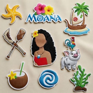 May include: A collection of embroidered patches featuring characters and elements from the animated film "Moana." Includes a starfish, the film's title, a boat, a character, a pig, a rooster, a coconut drink, a paddle, a swirl, and seaweed.