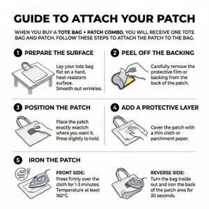 Puede incluir: Gu&iacute;a ilustrada con pasos para fijar un parche a una bolsa de mano. Las instrucciones incluyen preparar la superficie, retirar el respaldo, colocar el parche, agregar una capa protectora y planchar. Instrucciones de planchado del anverso y reverso.