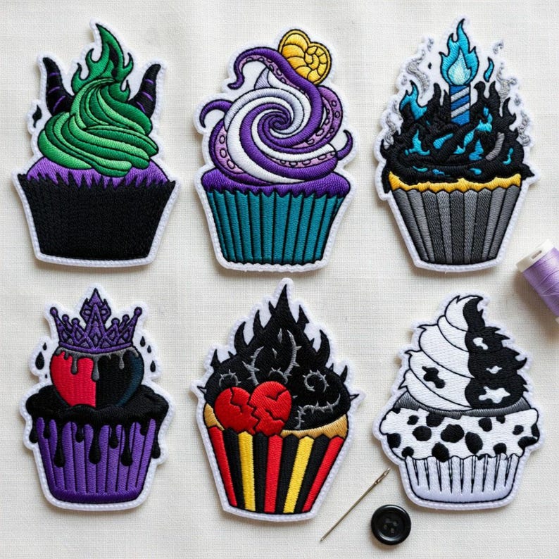 Może przedstawiać: Haftowane naszywki z babeczkami w r&oacute;żnych wzorach. Każda naszywka przedstawia babeczkę z unikalnym lukrem i elementami dekoracyjnymi, w tym płomieniami, mackami i koronami. Paleta kolor&oacute;w obejmuje czerń, fiolet, zieleń i czerwień z białymi konturami.