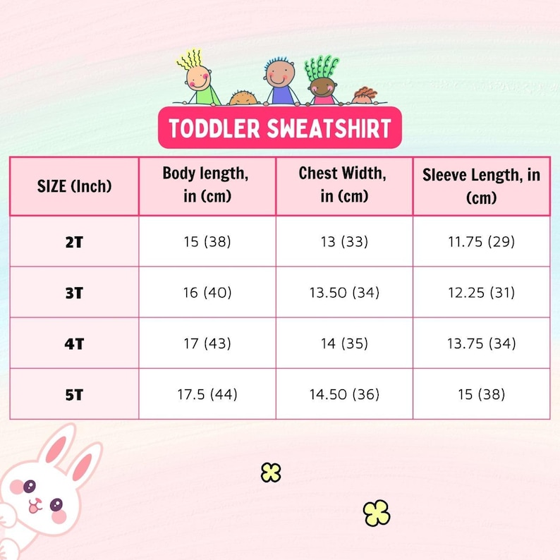 Puede incluir: Una tabla rosa con medidas para una sudadera de ni&ntilde;o peque&ntilde;o. La tabla incluye tallas 2T, 3T, 4T y 5T, con medidas de largo de cuerpo, ancho de pecho y largo de manga en pulgadas y cent&iacute;metros. El texto "TODDLER SWEATSHIRT" est&aacute; en la parte superior.