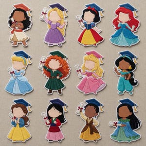 May include: A collection of embroidered patches featuring various cartoon princesses wearing graduation caps and holding diplomas. Each patch showcases a different princess in her signature outfit, with vibrant colors and detailed stitching.