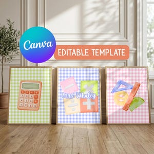 May include: Three framed posters featuring watercolor school supplies on gingham backgrounds. The left shows a calculator on green, the center shows math symbols and the text Mrs. Whaley on blue, and the right shows geometry tools on pink.