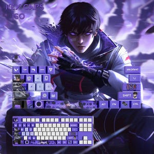 May include: A mechanical keyboard with purple and white keycaps. The keycaps display a character illustration and the text "KEY CAPS ISO". The background shows a digital illustration of a person with purple energy effects.