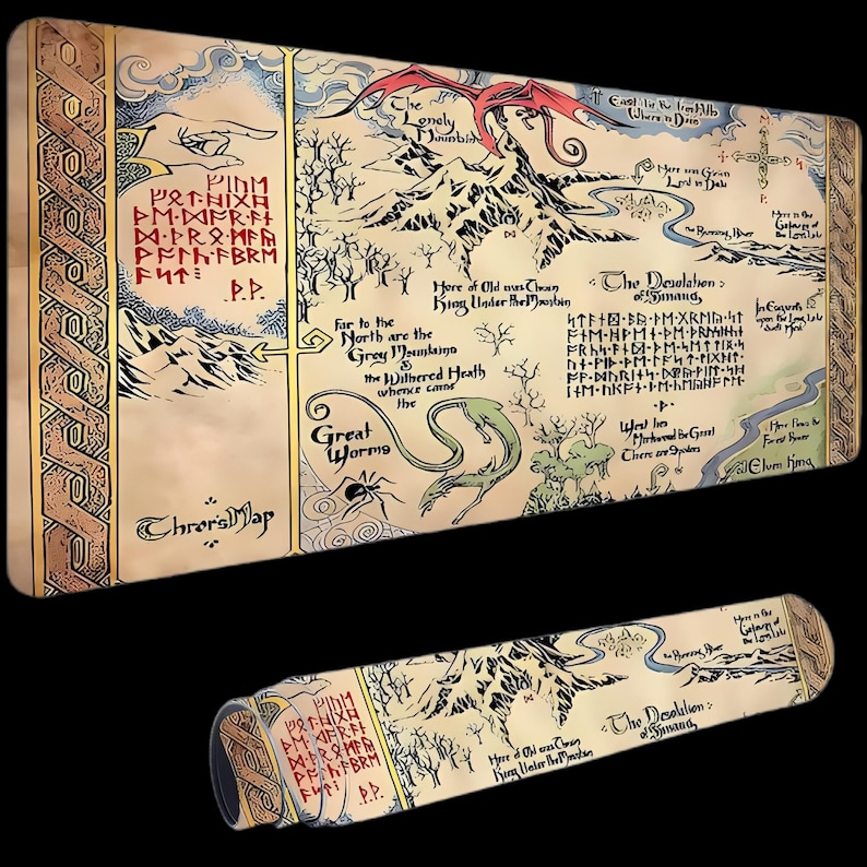 May include: A fantasy map with a dragon, mountains, and text in an old style. The map is tan with brown and gold accents. The map is rolled up in the bottom of the image. The map is labeled "Chrers Map".