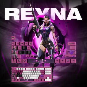 May include: A pink and white mechanical keyboard with custom keycaps featuring a character from the game Valorant. The image includes the word "REYNA" in large white letters, and a purple and black background.