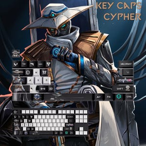 May include: A custom keyboard with keycaps featuring a character illustration. The keycaps are black and white with custom icons and text, including "CYPHER" and "VALORANT". The image also shows a character illustration in the background.
