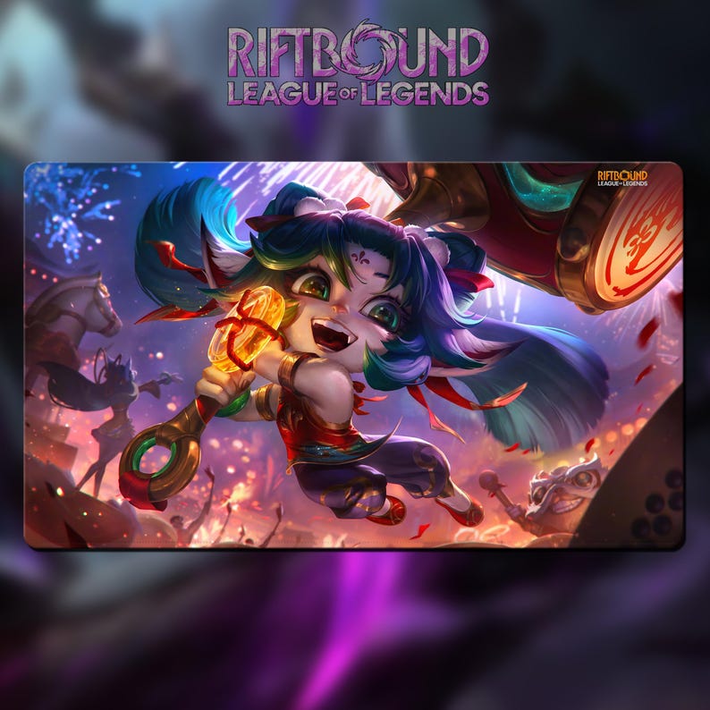 Green/blue Riftbound Background Playmat – Poppy – Riftbound LOL TCG Game Mat 24x14 Inches (600x350x2mm ...