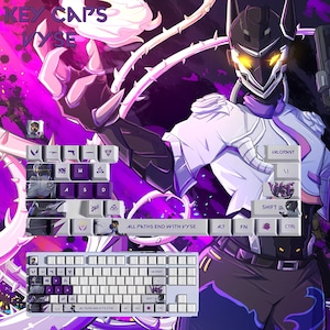 May include: A white and purple mechanical keyboard with custom keycaps. The keycaps feature artwork and text, including "ALL PATHS END WITH VYSE" and "VALORANT". The background is a purple and white illustration of a character.