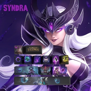May include: A digital illustration of Syndra from League of Legends, with a purple and black color scheme. The image includes a set of keycaps with Syndra-themed designs and the League of Legends logo. The word "SYNDRA" is at the top.