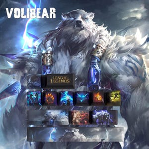 May include: A custom keycap set featuring the character Volibear from League of Legends. The set includes a large Volibear image and several smaller keycaps with character abilities. The League of Legends logo is also present. The word VOLIBEAR is at the top.