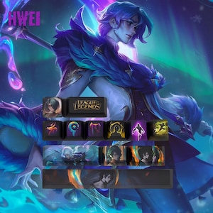 May include: Custom keycaps set featuring League of Legends artwork. The keycaps display character portraits and game icons. The background shows a character illustration with blue and purple tones.