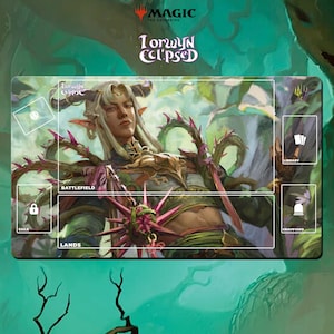 May include: A rectangular Magic: The Gathering playmat with the text "LORWYN ECLIPSED". The mat displays a fantasy illustration of a character with horns and long hair. It has marked areas for gameplay, including "Battlefield" and "Lands", and is designed for card game use.