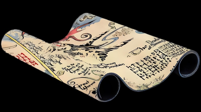 May include: A rolled-up mouse mat with a fantasy map design in cream, black, red, and blue. The map includes text and a black border. The mouse mat is set against a black background.