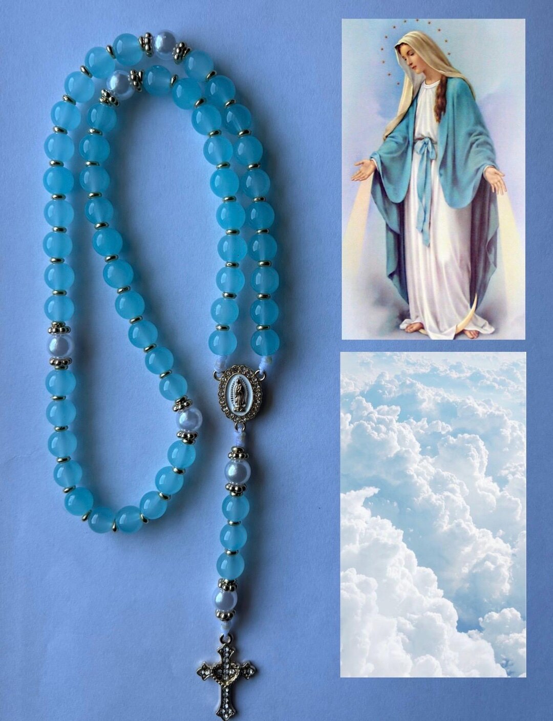 Marian Blue White and Gold Handmade Glass Bead Catholic Rosary - Etsy