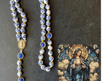 Blue and White Floral Handmade Rosary