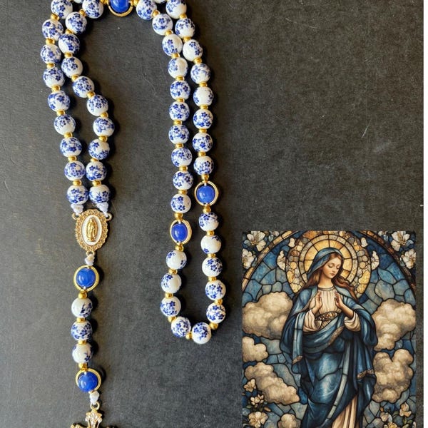 Blue and White Floral Handmade Rosary
