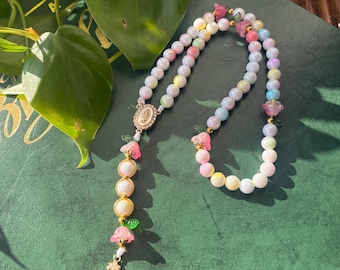 Handmade Catholic Rosary Beads Colorful Flowers
